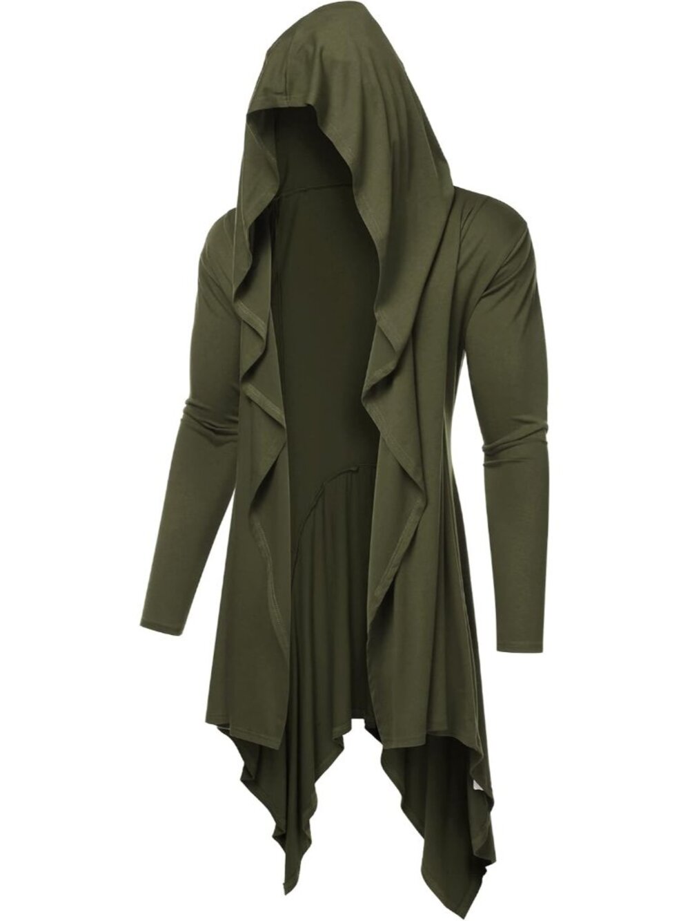Long Hooded Cardigan Ruffle Shawl Collar Open Front Lightweight Drape Cape Overc